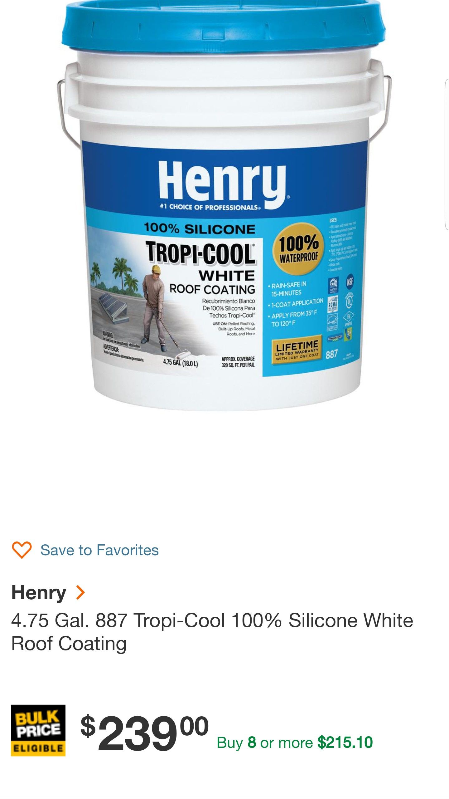 Henry 4 75 Gal 887 Tropi Cool 100 Silicone White Roof Coating For