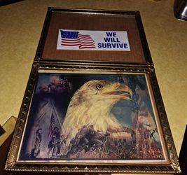 Framed Eagle Picture Of Twin Towers Burning & 4 Ceramic Eagle Figurines Asking $10  For ALL  Thumbnail