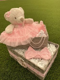 Pink Baby Girl Diaper Basket with Stuffed Teddy Bear, Two Tier Diaper Gift Basket with Decorations Thumbnail