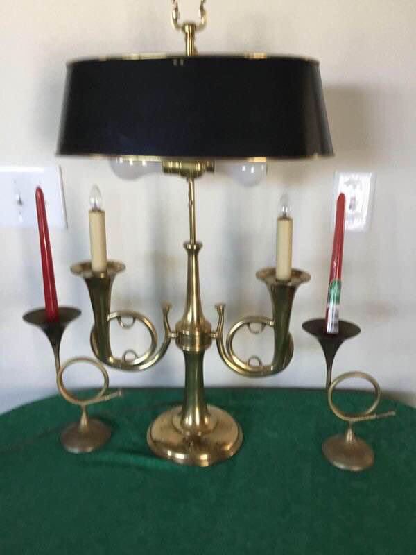 Bugle Lamp & Pair Of Brass Bugle Candlesticks Stately Traditional Decor Vintage 
