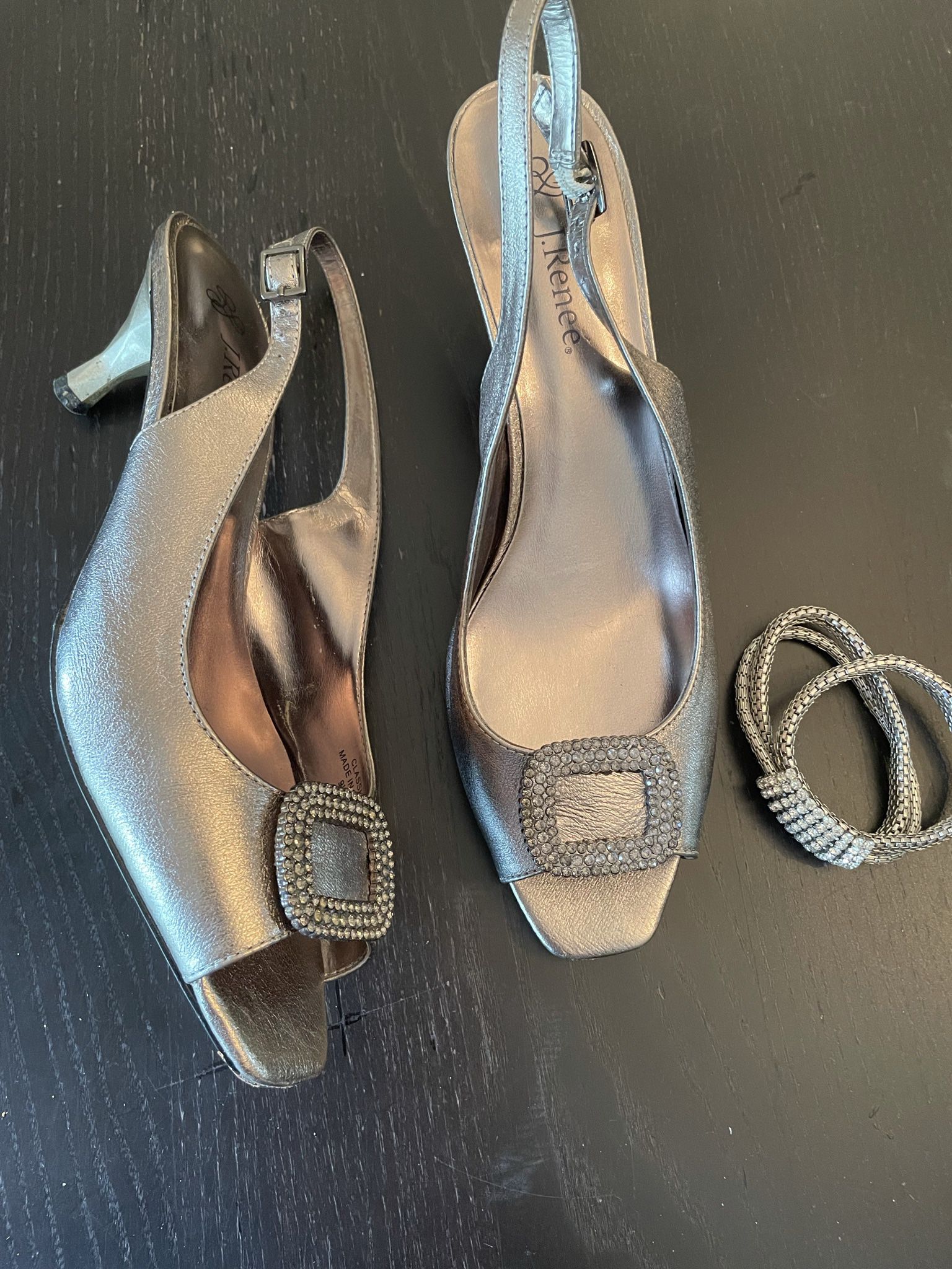 J Renee Silver Leather Shoes Size 9.5 With Matching Silver Bracelet