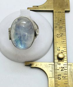 925 Sterling Silver Large Natural Rainbow Moonstone Pill Box Poison Ring Thumbnail
