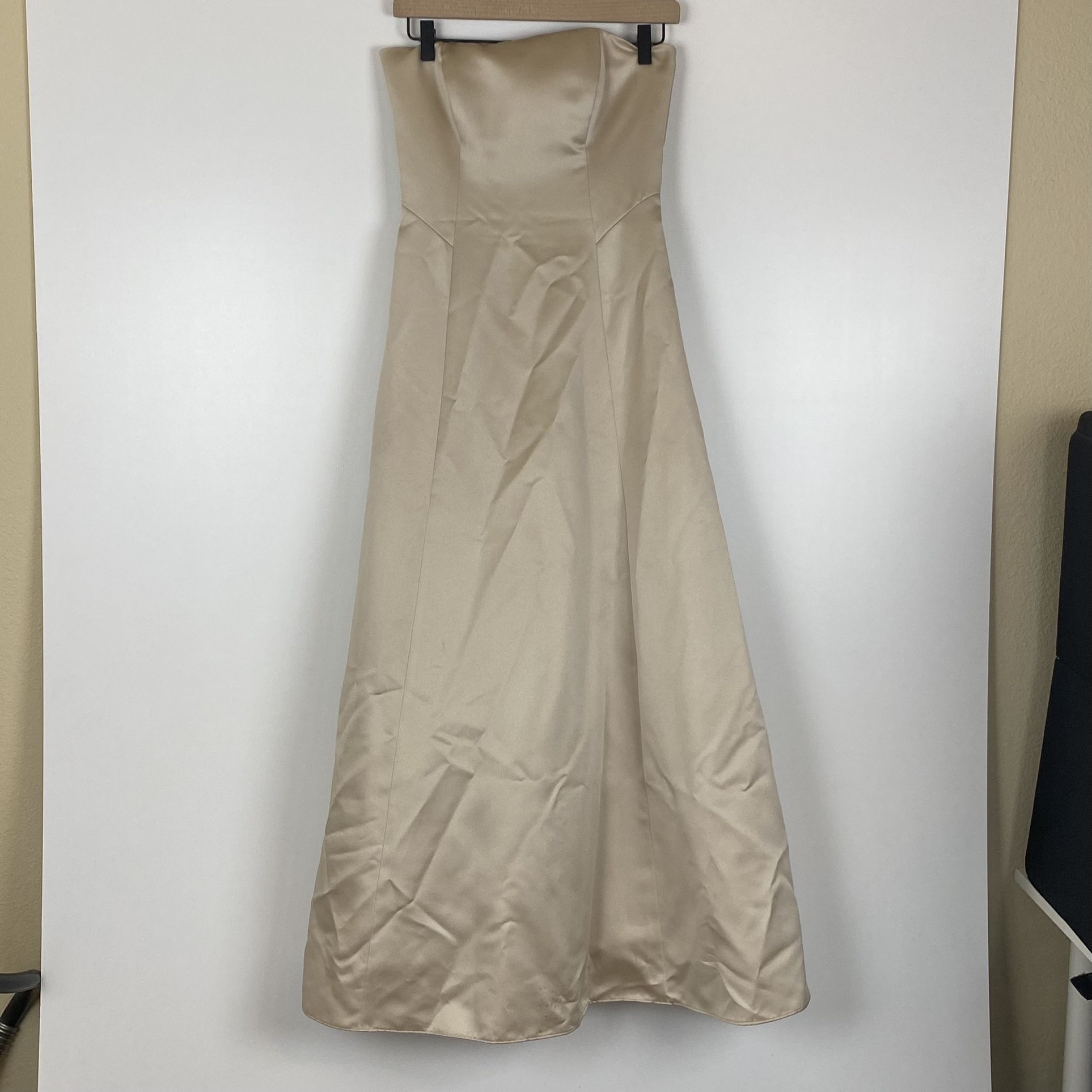 Michaelangelo Tan Champagne Gold Strapless silky Floor Length Bridesmaid Dress