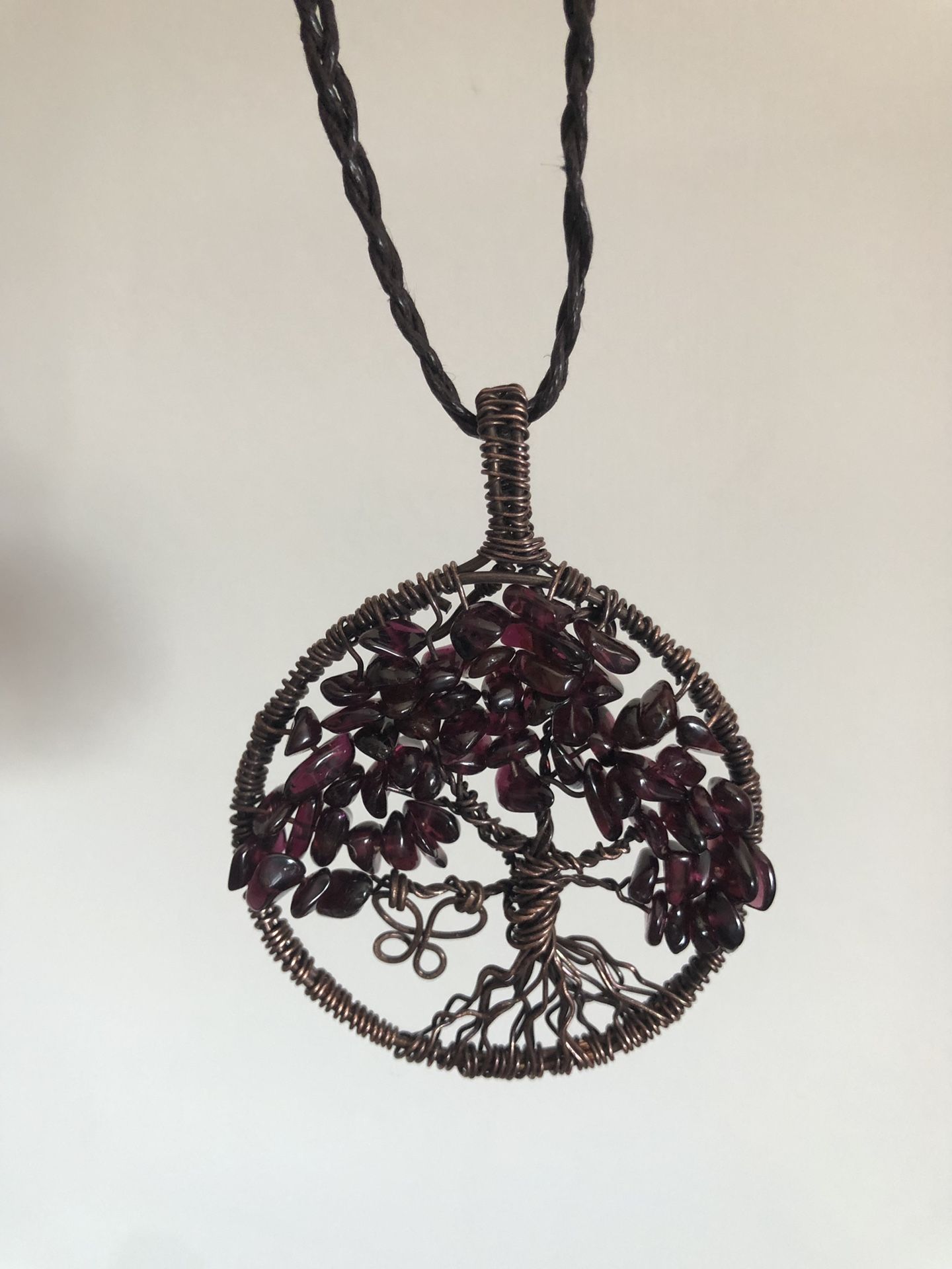 Wire wrapped garnet tree of life necklace