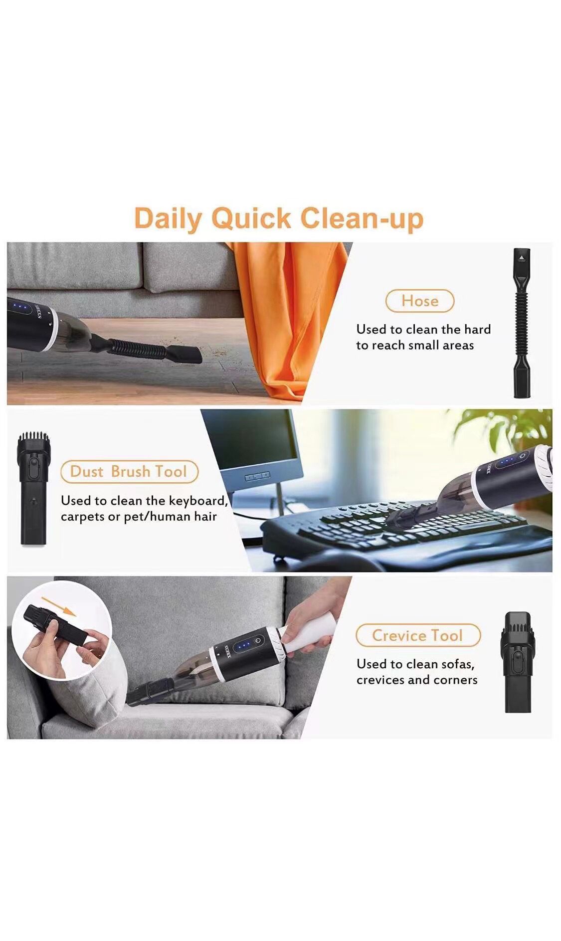 Handheld Vacuum Cordless, Portable Hand Held Car Vacuum Cleaner with High Power, Rechargeable Mini Vacuum for Home Office Pet Hair Cleaning, 8000Pa St