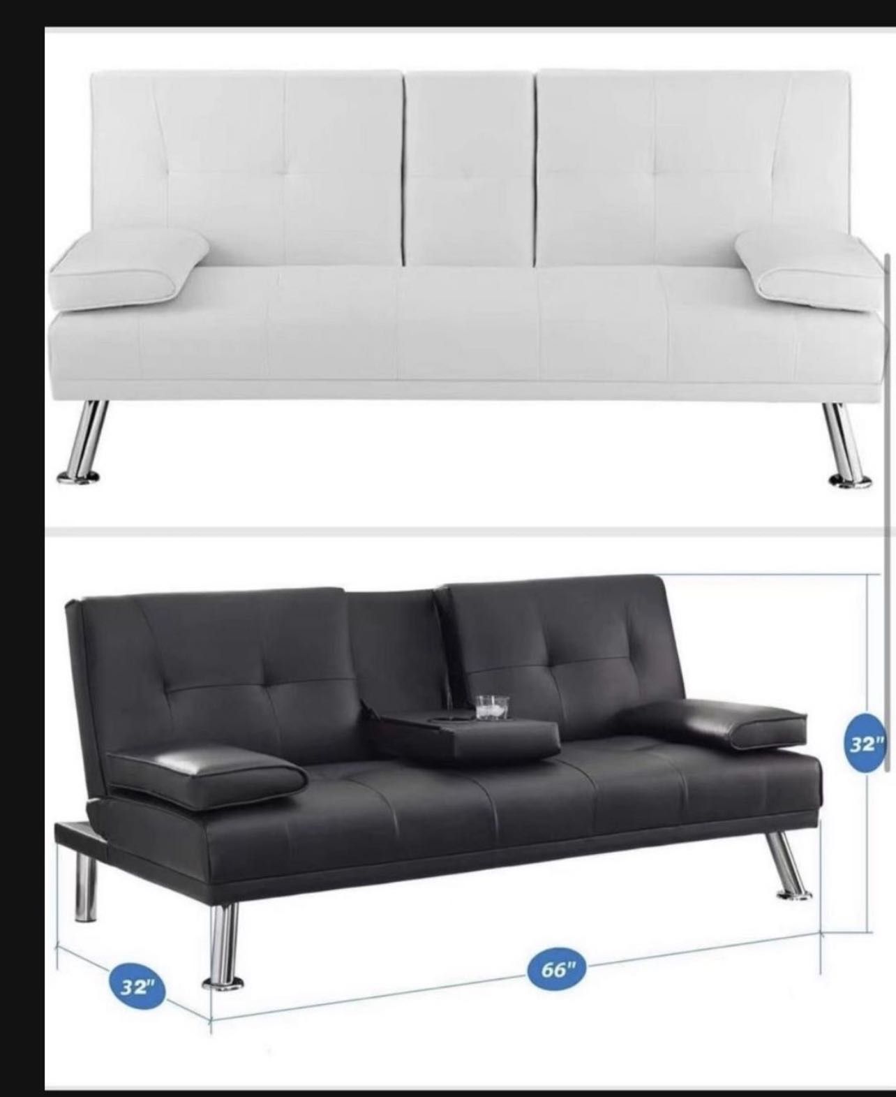 Futon Sofa Bed Futon Couch with Armrest and Cupholders Faux Leather Sofa Bed Couch Convertible Folding Reclining Small Couch Bed Futon Bed for Living