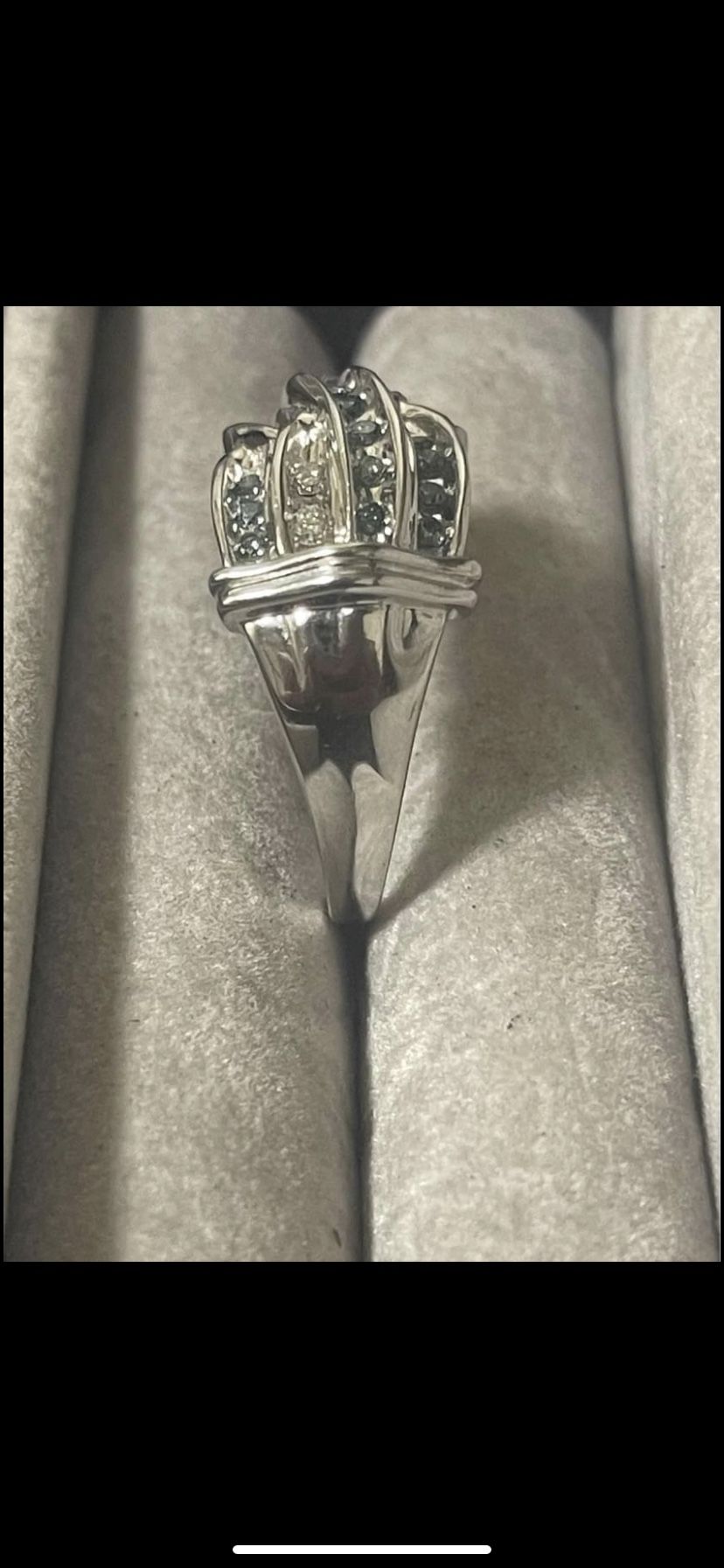 14K White Gold Ring W/ 1/2 Carats Blue & White TW Diamonds
