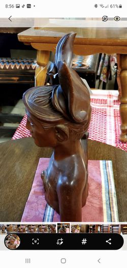 Beautiful Hand Carved Wood Bust, 14" Height, 7.5" Length. Thumbnail