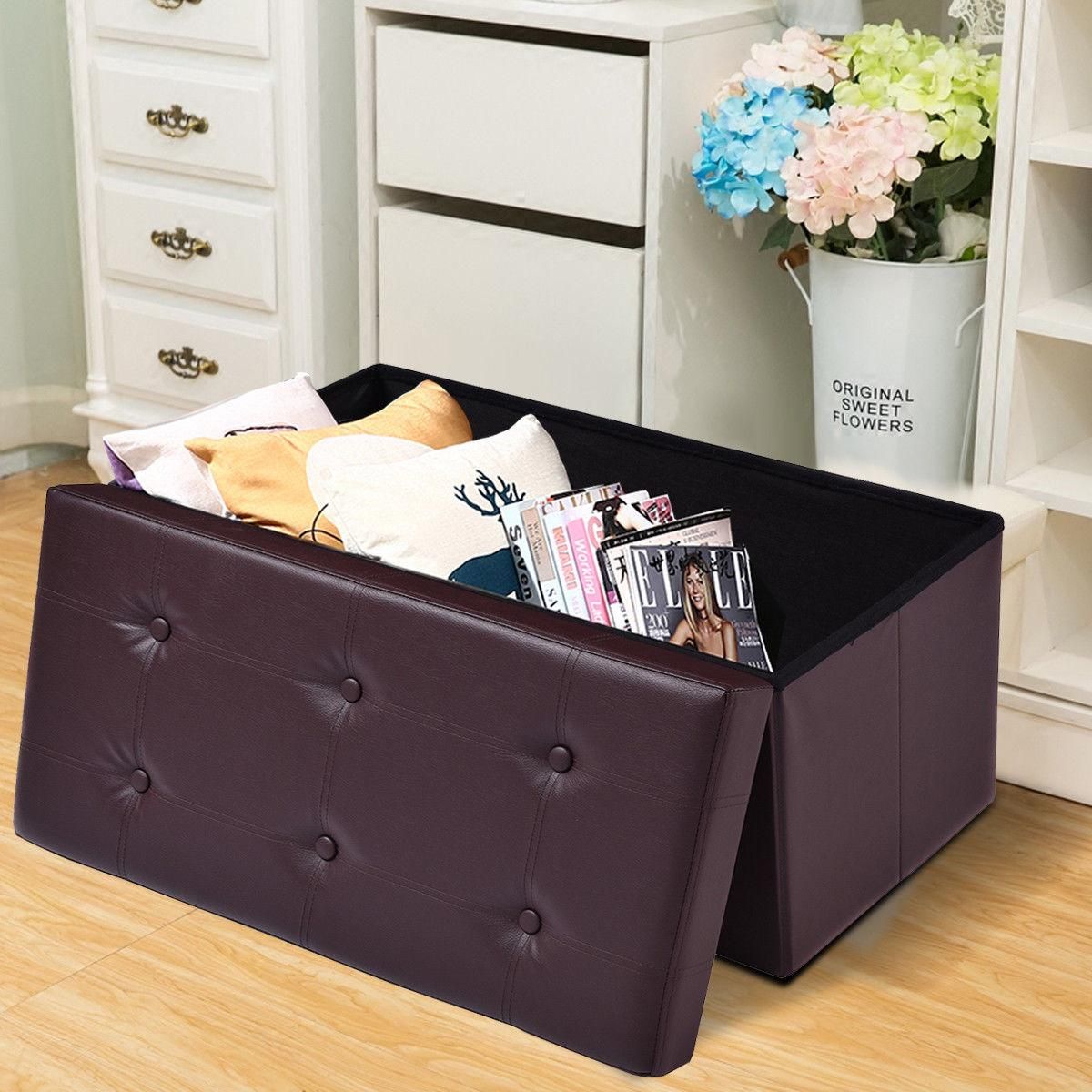 Costway 30"x15"x15" Large Folding Storage Faux Leather Ottoman Pouffe Box Stool (Brown)