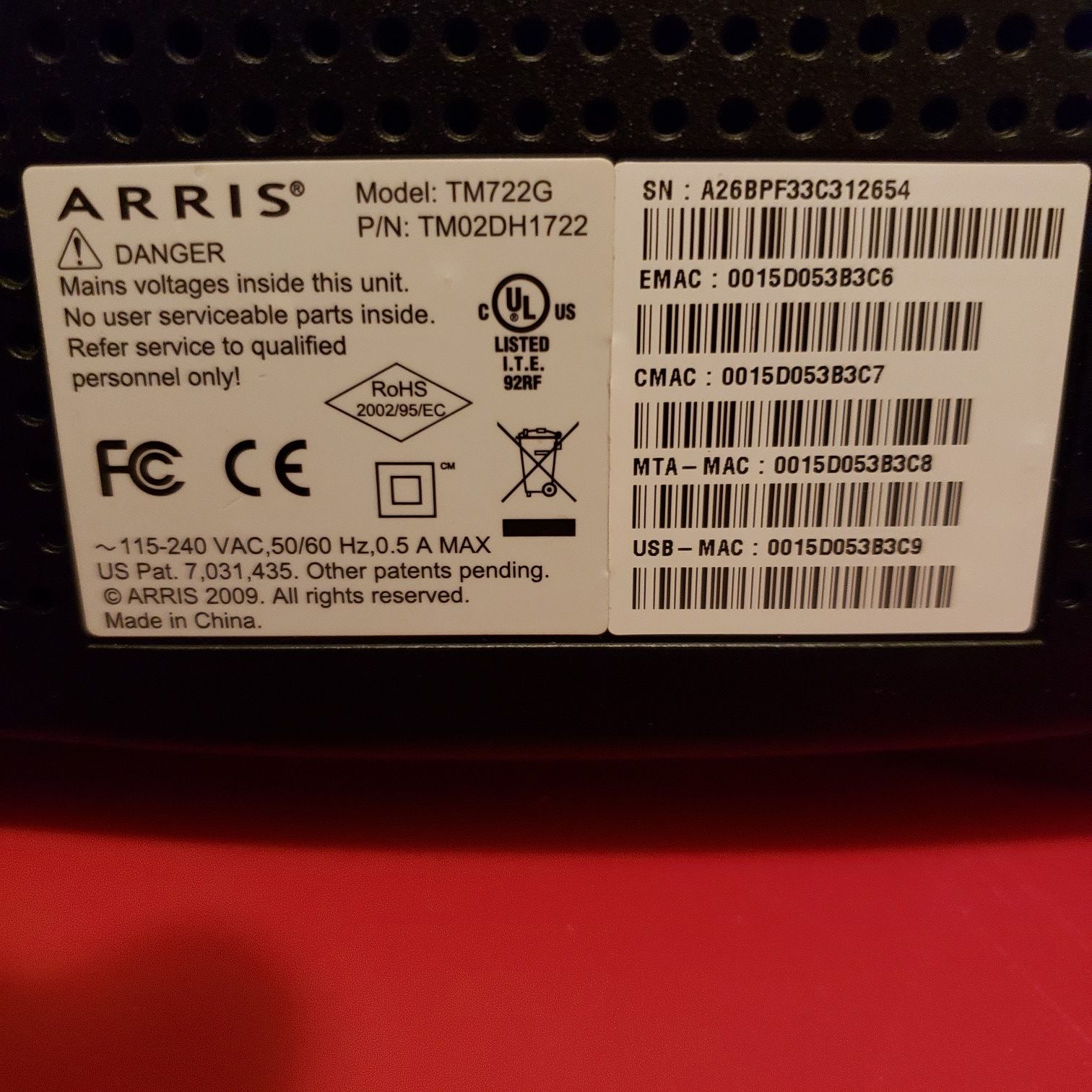 Comcast cable Arris modem w/back up battery