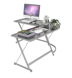Modern Nickel Silver Finish Corner L Desk (Steel and Glass) Thumbnail
