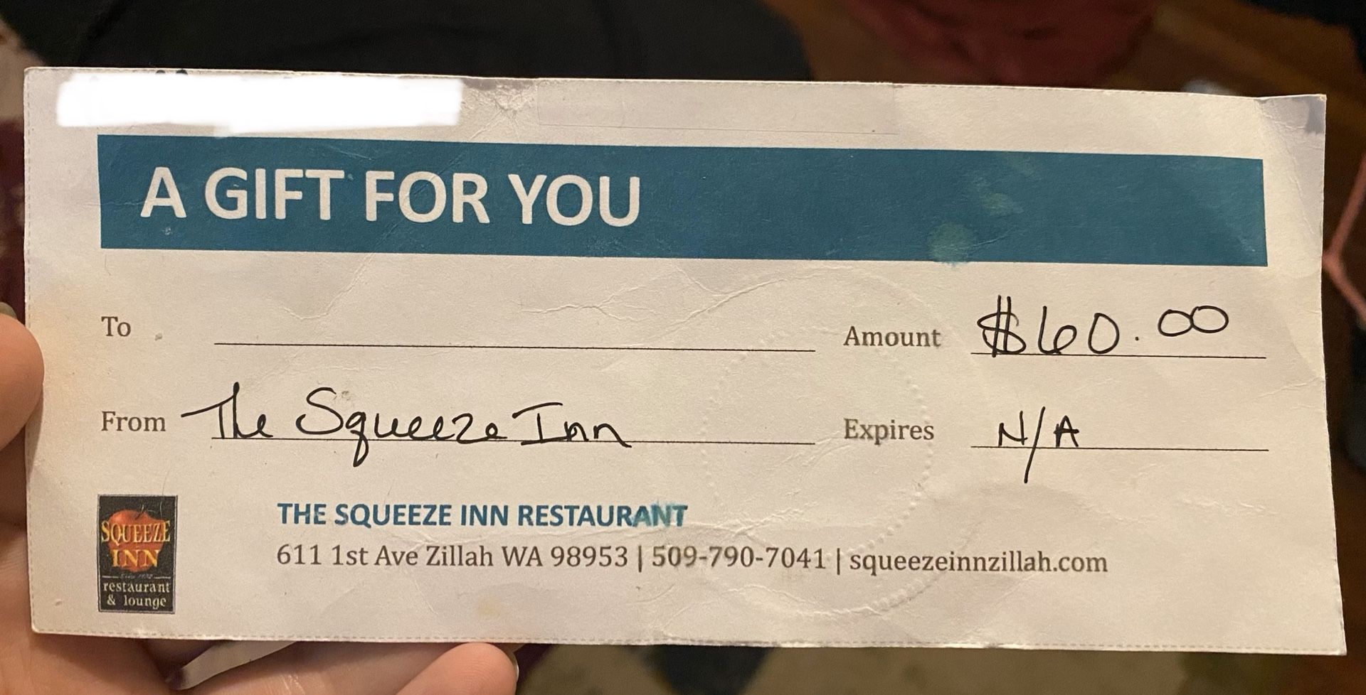 “The Squeeze Inn” Gift Certificate