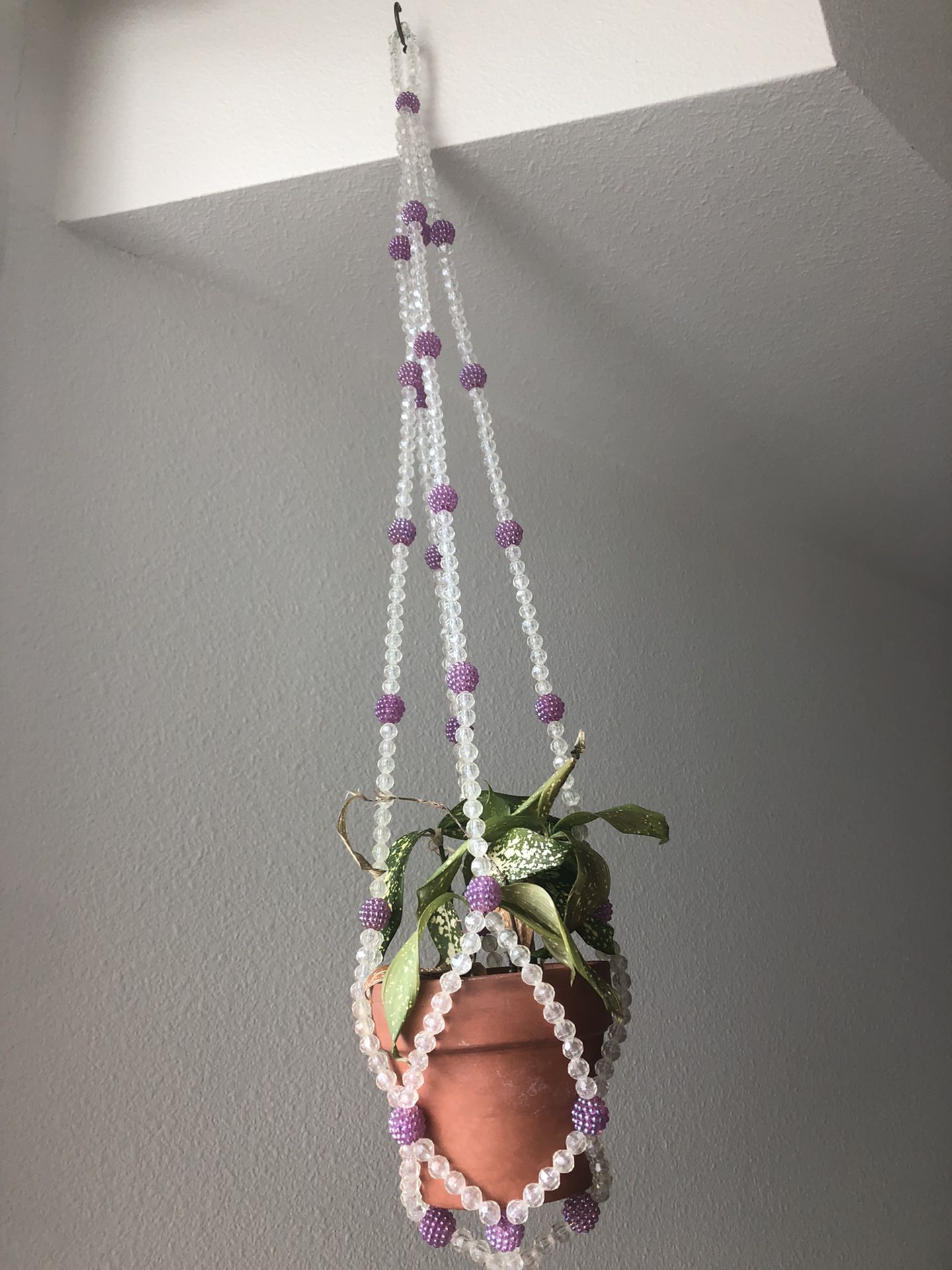 Boho 70s Beaded Plant Holder- Purple And White 