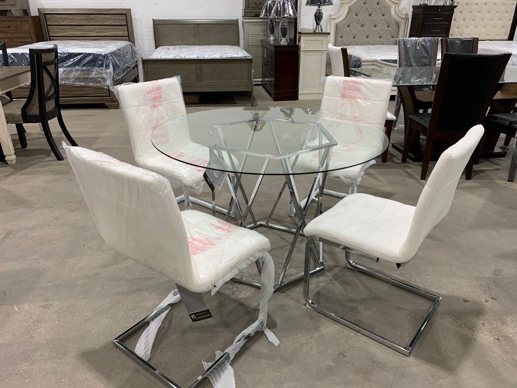 $40 Down Payment🛍 Finance🛍 Madanere White-Chrome 5-Piece Dining Room Set