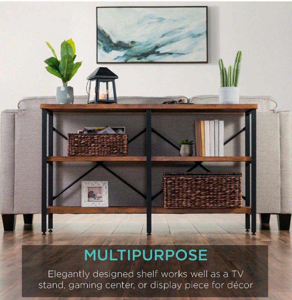 Rustic 3-Tier Console Table for Living Room, Entry w/Non-Scratch Feet, Grain Finish, Steel Frame