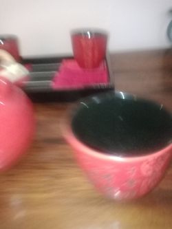 Red Chinese Tea Set (Slight Imperfection On Tea Kettle) Thumbnail