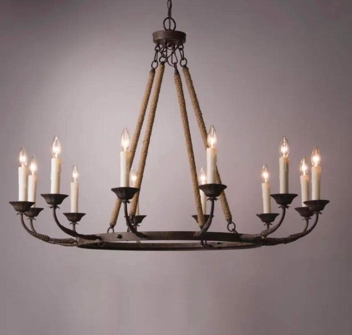 Bever Vintage 12-Light Candelabra Wagon Wheel Chandelier With Flaxen Hemp Rope F43