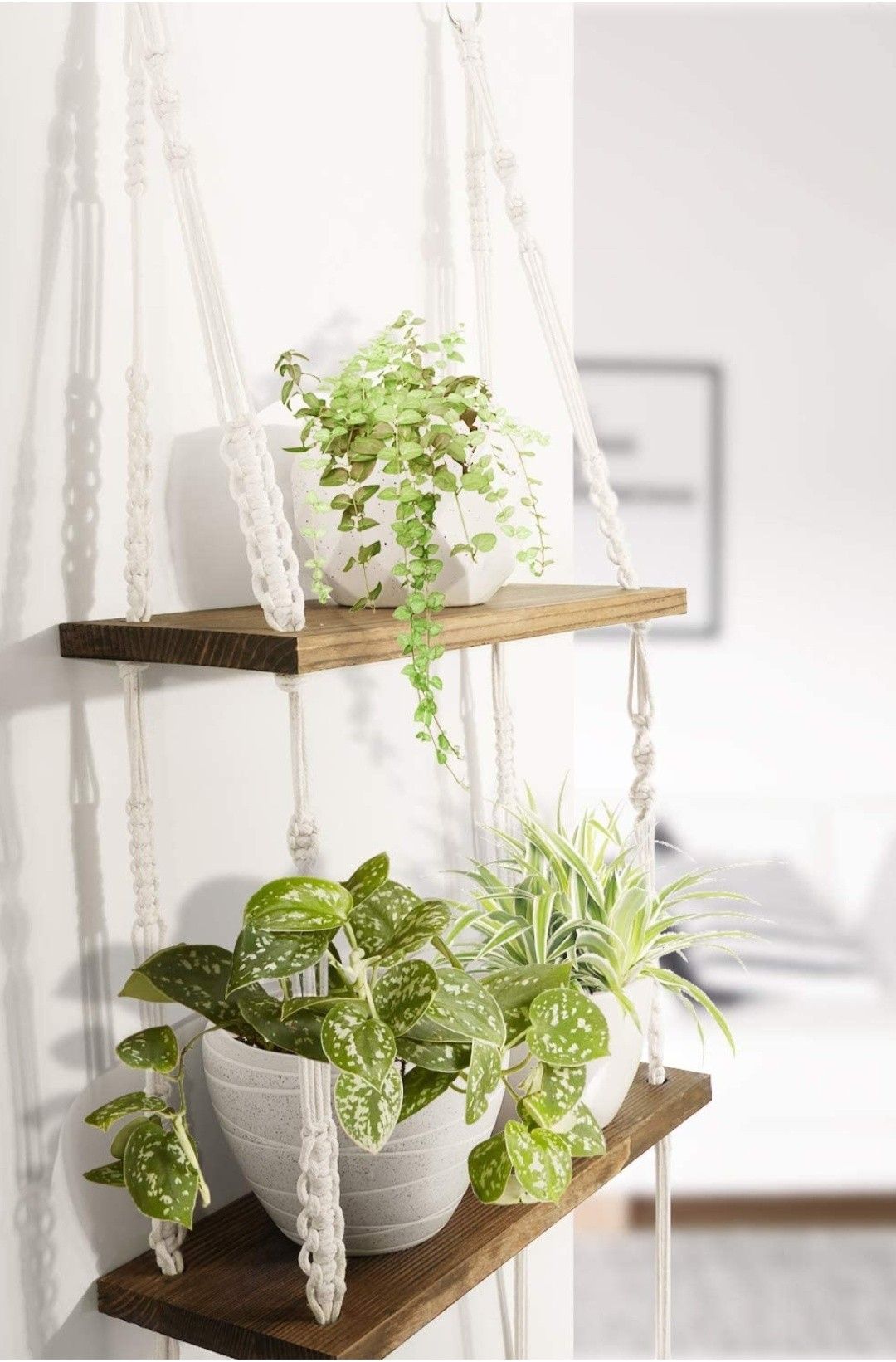 2 Tier Wood Wall Shelves with Handmade Woven Hanger