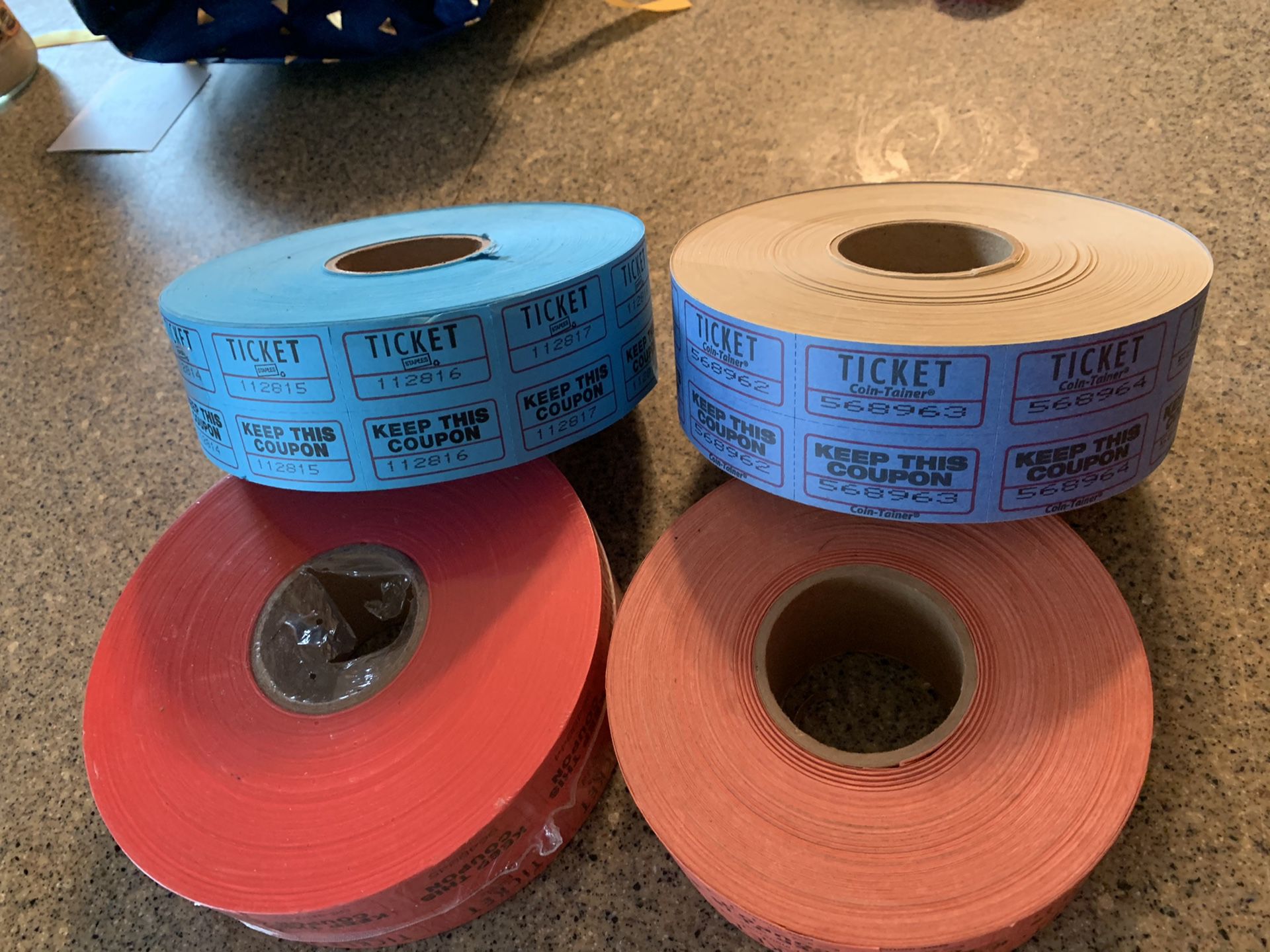 4 rolls of double ticket raffle tickets. Great condition. $10 for all 3.