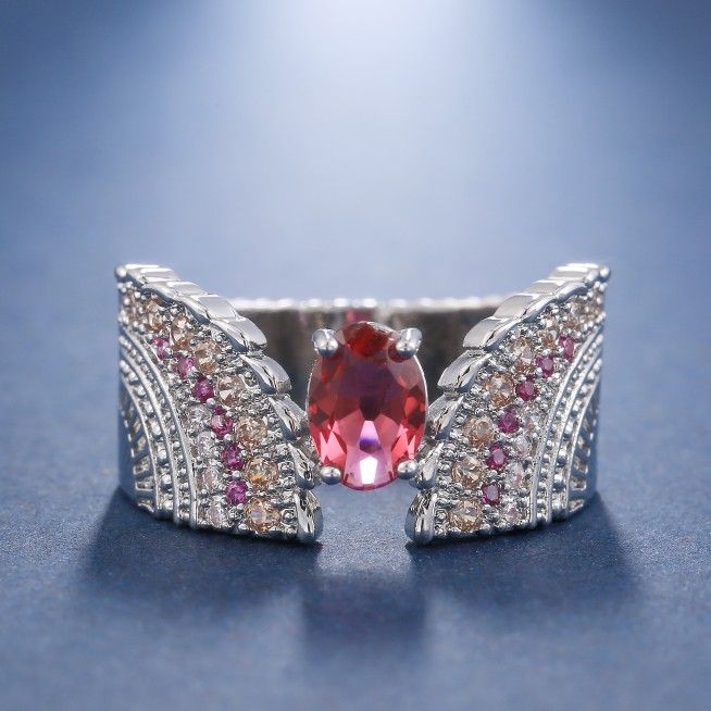 "Ethnic Oval Red Ruby Zircon Wings Vintage Silver Ring for Women, PD596