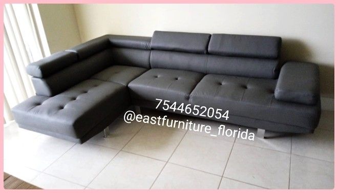 Grey faux leather sectional sofa modern adjustable headrest gray couch new