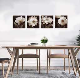 WALL ART DECOR CANVAS SIMPLE LIFE WHITE FLOWERFRAMED ART-4 PANELS BROWN GICLE! Thumbnail