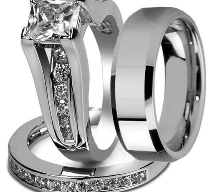 His and hers stainless steel princess wedding ring set women’s size 7 male size 9