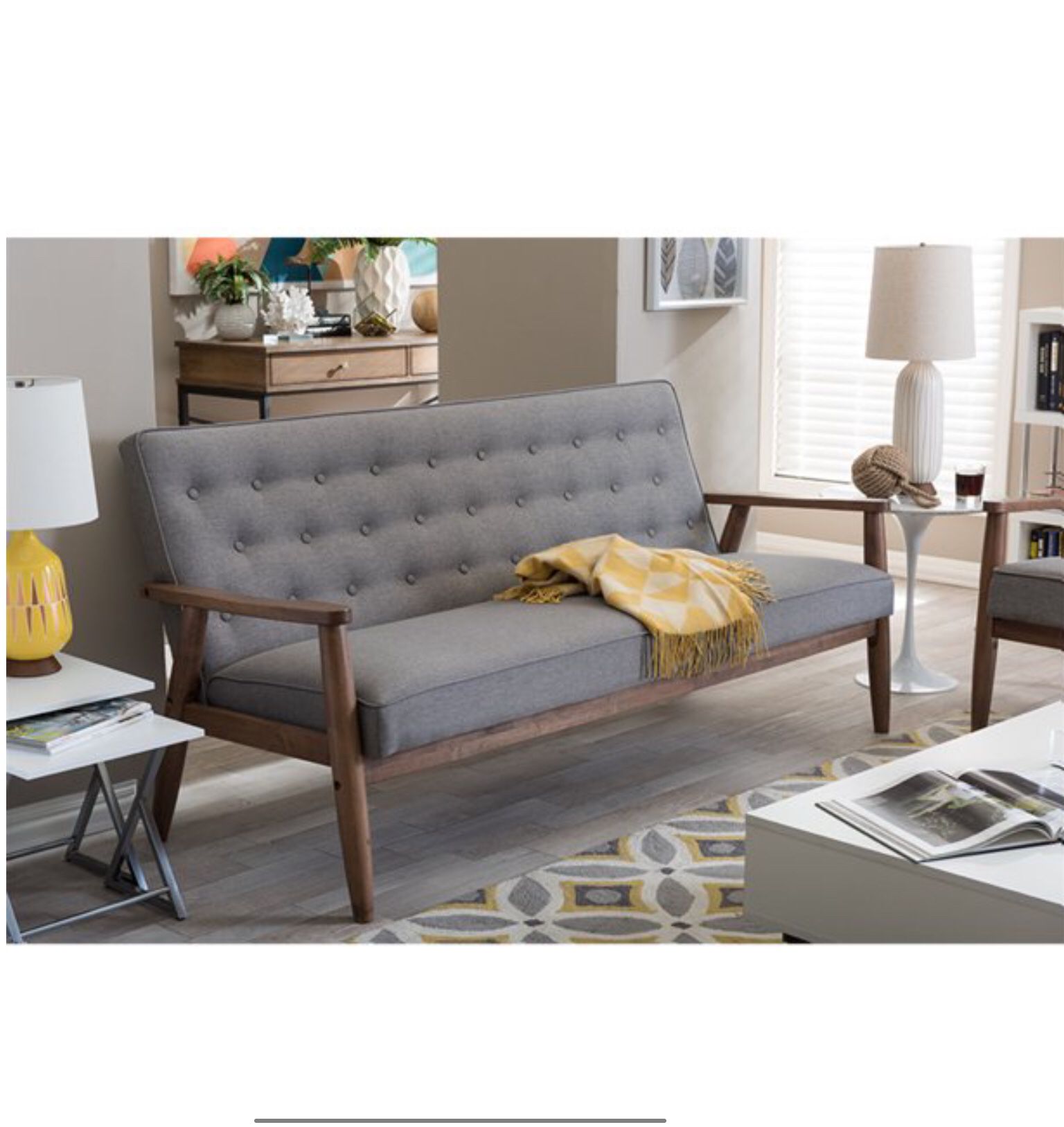 Futon , Sofa, Wood And Faux Leather Gray