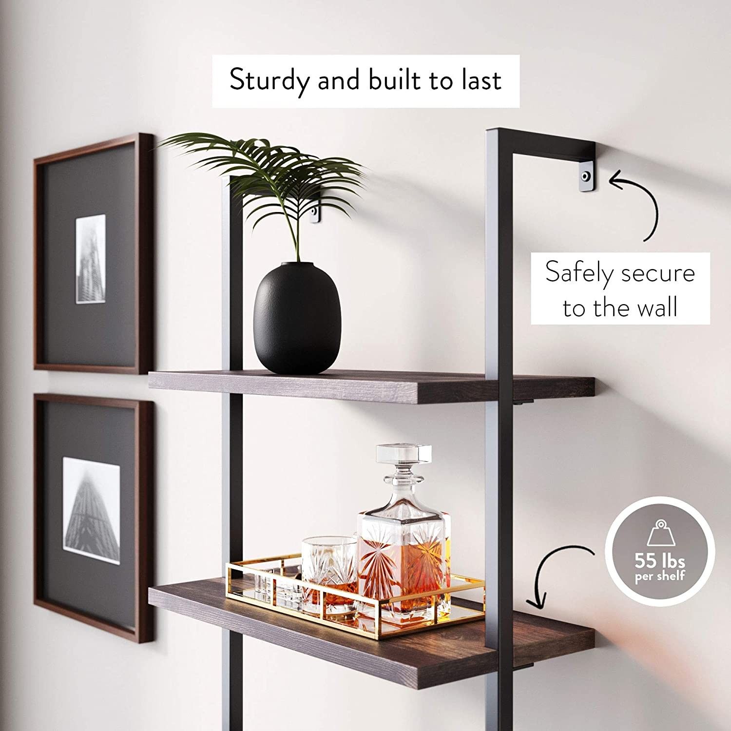 Matte Steel Frame Industrial Bookshelf with Wood Drawers, 3-Shelf, Nutmeg/Black
