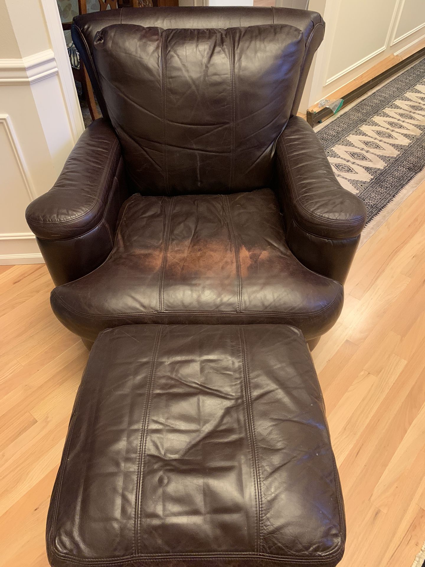 Leather Overstuffed Arm Chair And Ottoman