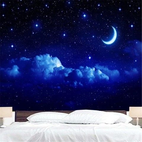 Moon and Stars Tapestry Wall Hanging Blue Starry Galaxy Tapestry Universe Night Sky Tapestry for Bedroom Living Room Tapiz