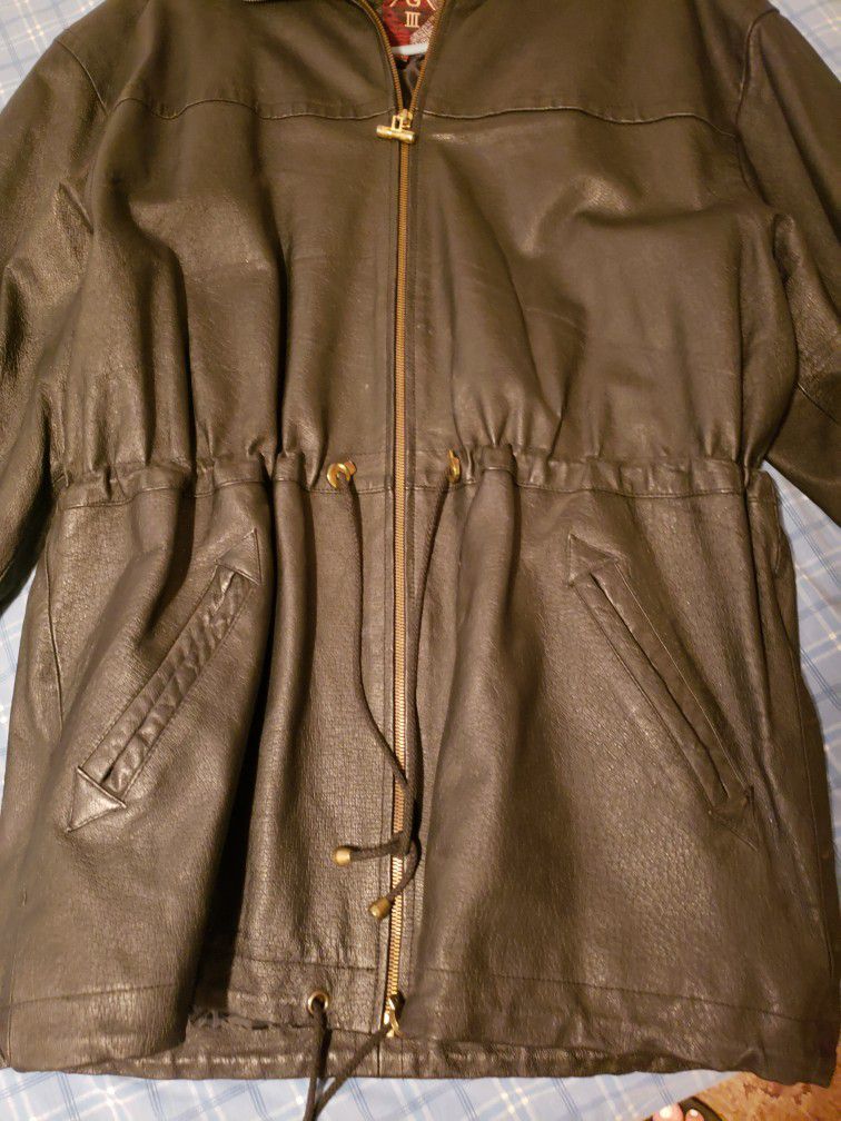 Vintage Black Leather Rain Coat. Size Medium