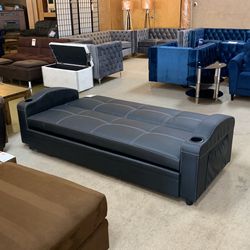 Black Leather Futon With Cup Holders And Side Pockets Thumbnail
