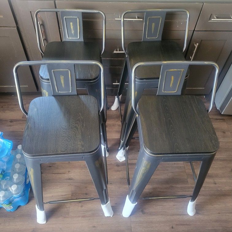 Alunaune 24" Metal Bar Stools Set of 4 Industrial Counter Height Bar Stools with Back Kitchen Bar Chairs Wooden Seat-Distressed Gold Black