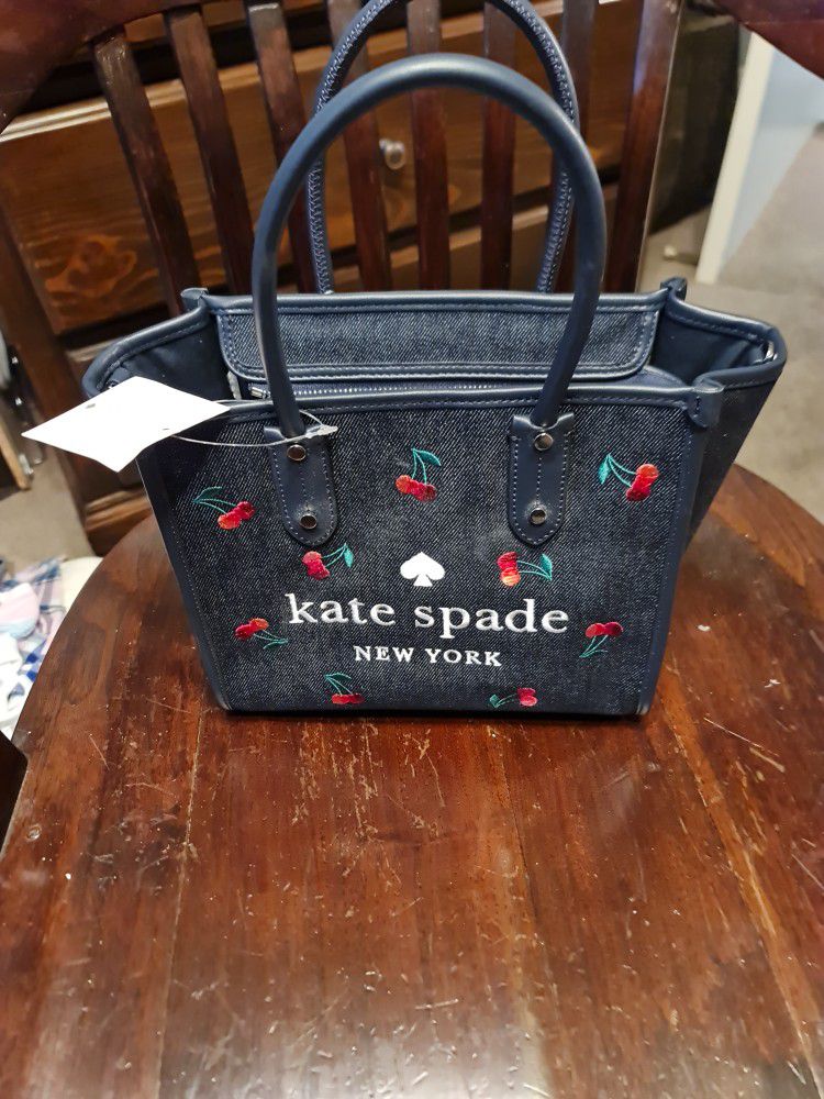 Kate Spade Womens Blue Jean Tote Hand Bag With Cherry Detailing.