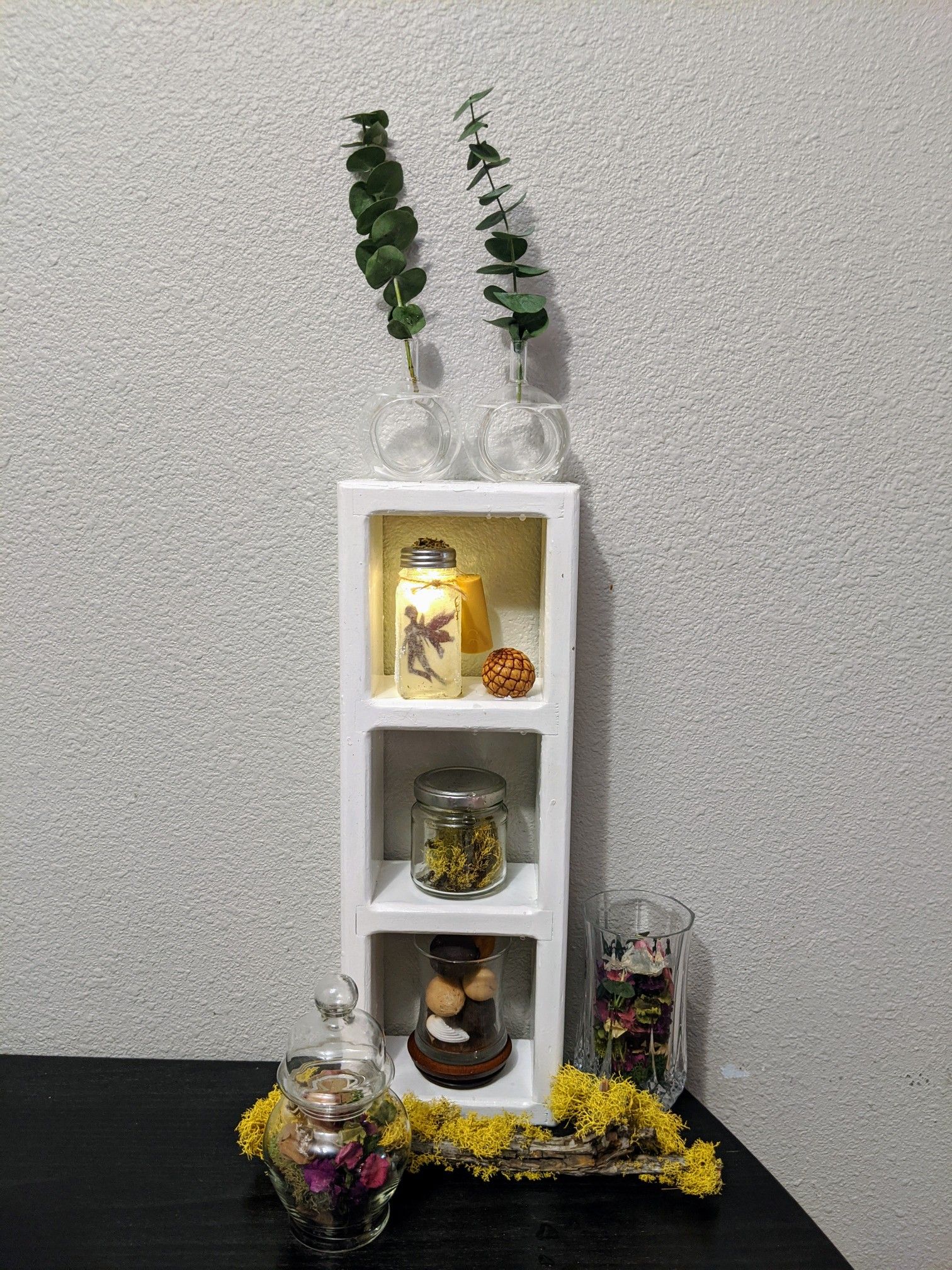 Wooden barrel apothecary jar moss stick glass vase crystal cup handmade fairy jar incense sticks wood round base hurricane candle holder potpourri