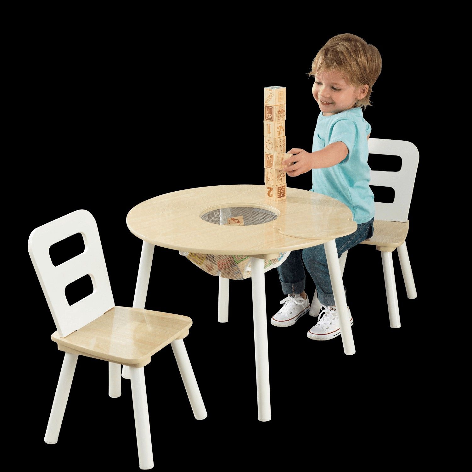 Round Storage Table & 2 Chair Set - Natural & White