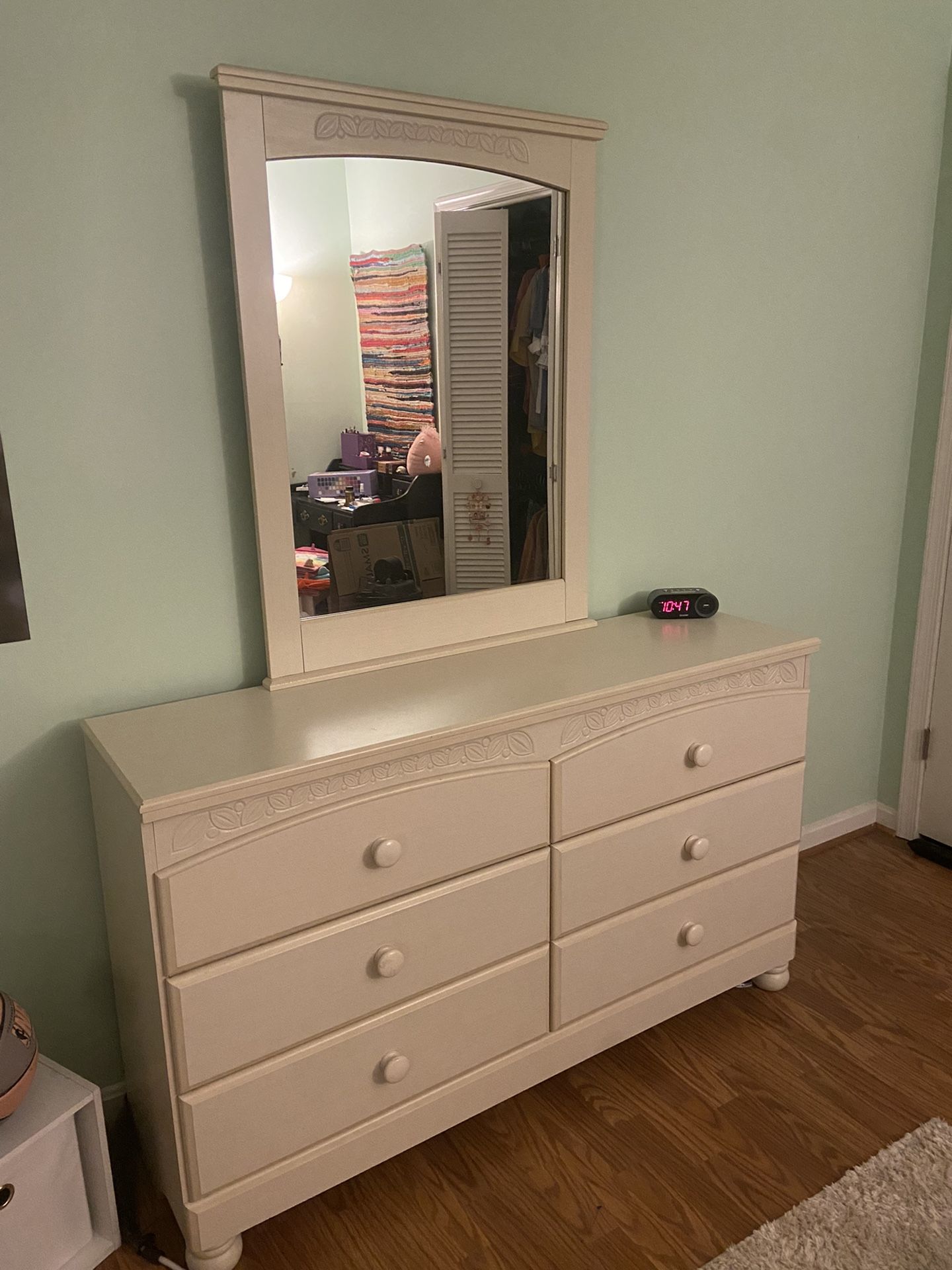 Six Drawer Painted Beige Wood Dresser