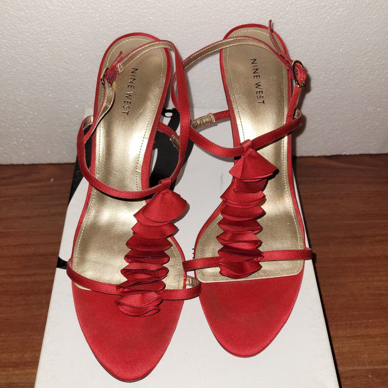 Pre-owned Strappy Red Heels With Ruffle Detail By Nine West