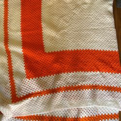 Handmade Crochet Blanket, Orange And White, King/Queen Thumbnail