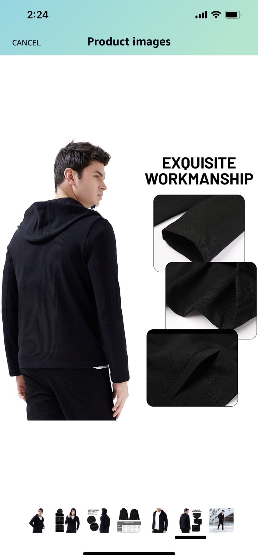 Men's Full-zip Hoodie Long-Sleeve Sweatshirt - Black Light-weight Non-slip buckles Hooded Running Sports Coat Jacket Gym