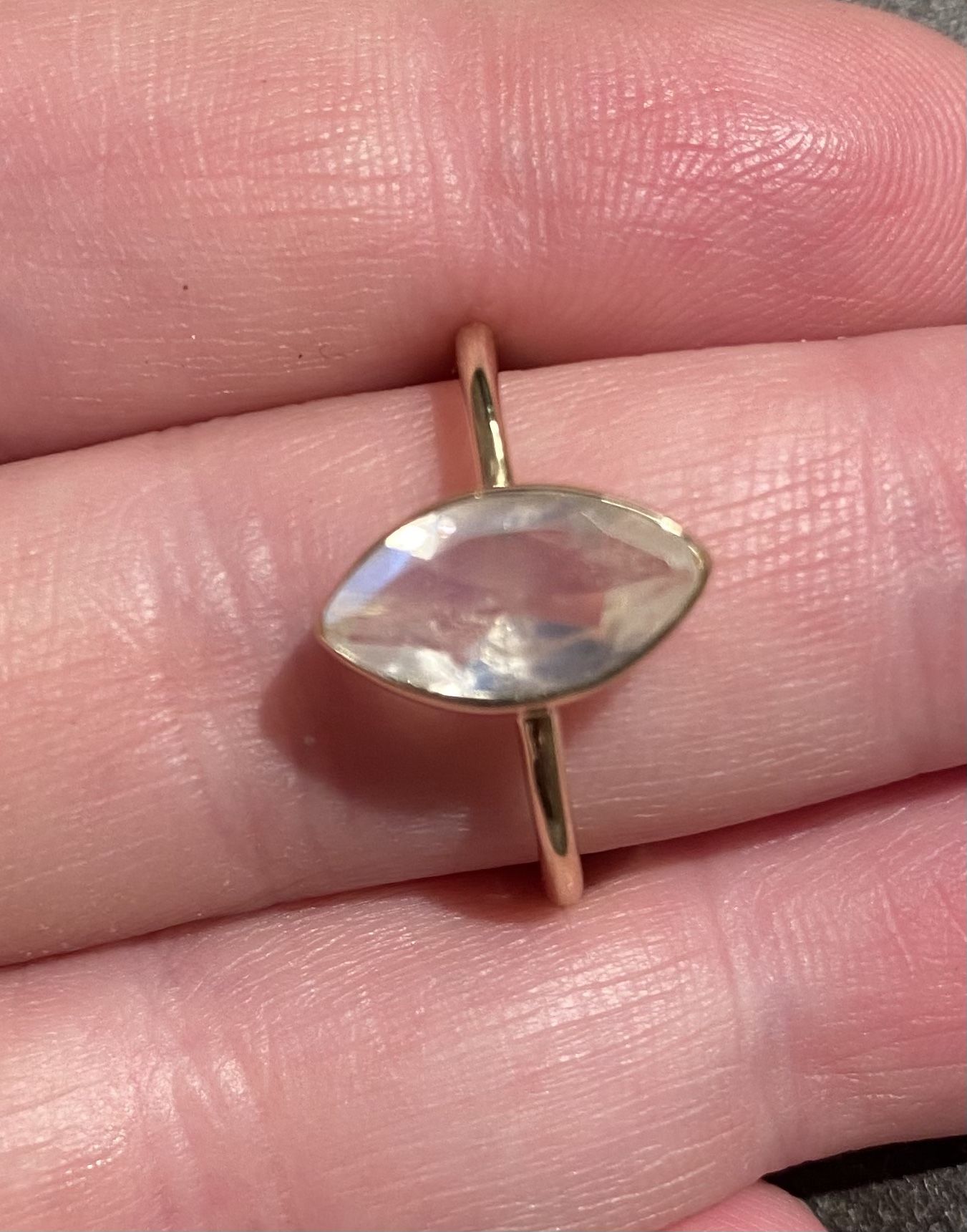 Exquisite 7x12mm Marquise Cut Natural Rainbow Moonstone Solitaire Gold Ring 925 Sz 7