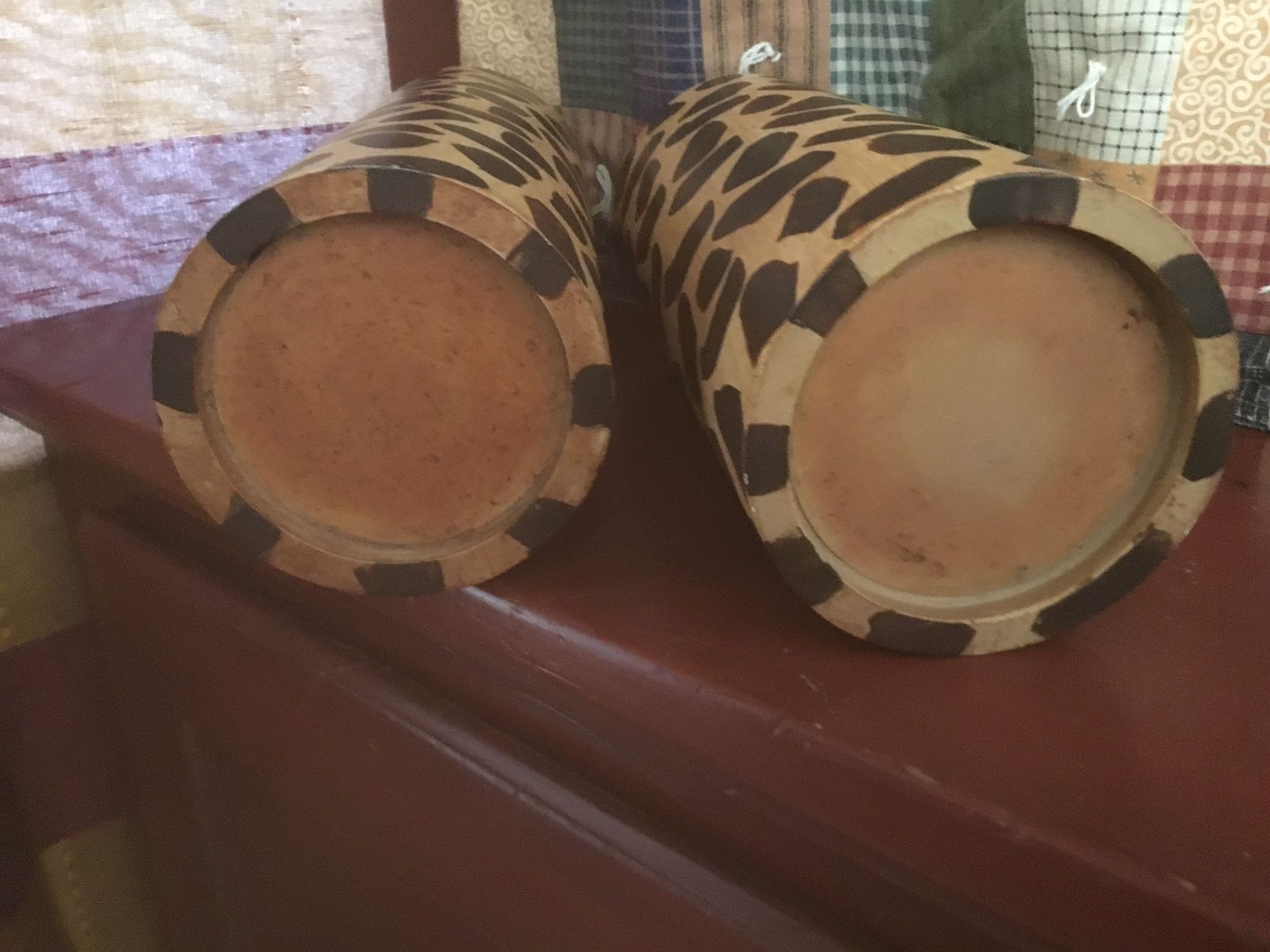 TWO WOODEN LEOPARD PILLAR CANDLE HOLDERS
