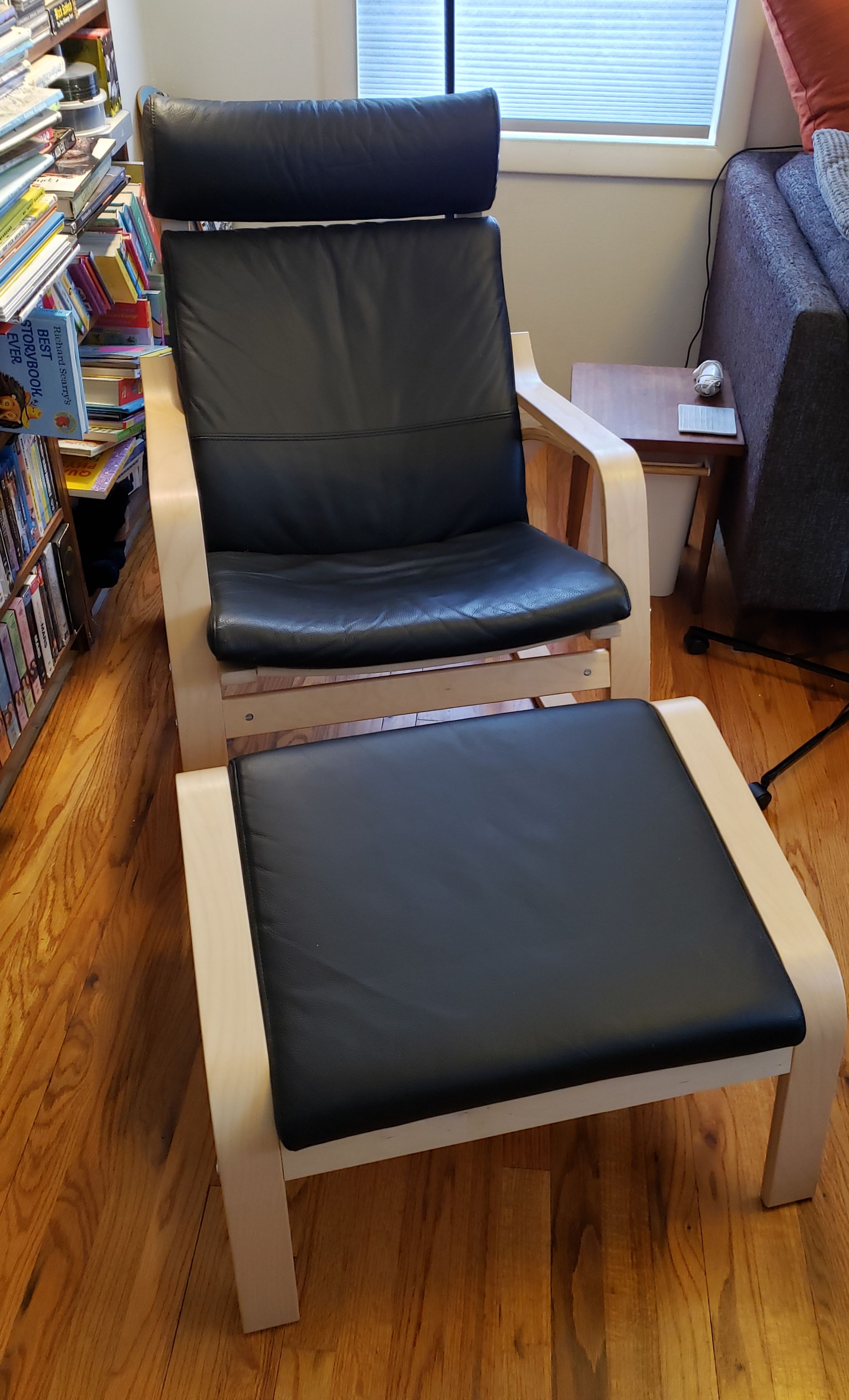 Black Leather IKEA Poang Rocking Chair and Ottoman for Sale in Seattle