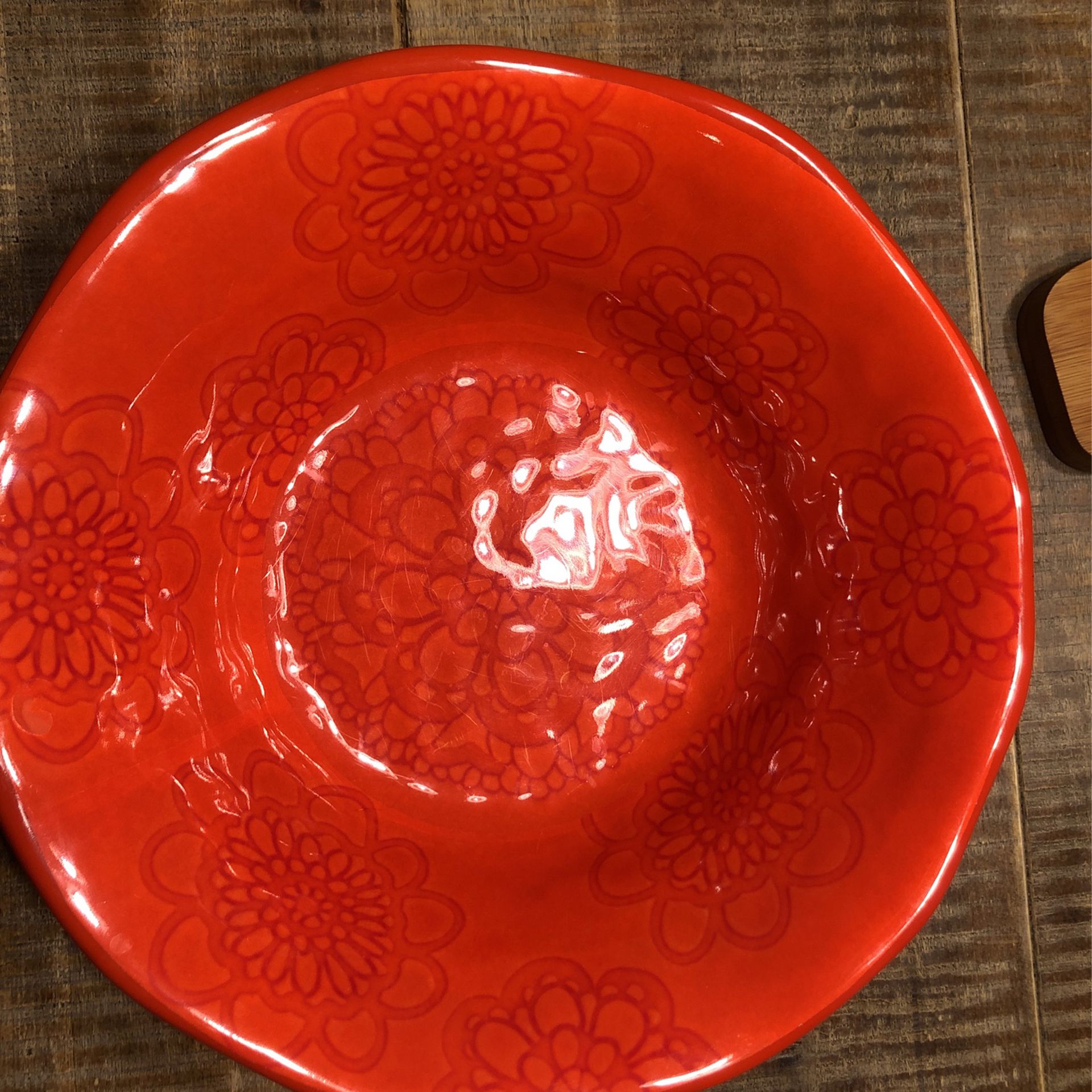 Wood Cutting Board and Red Salad Bowl with Tray