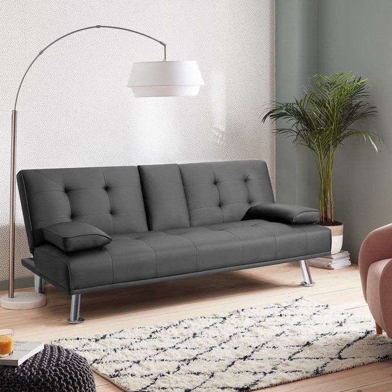 New Sofa Bed Modern Faux Leather Couch Bed Convertible Folding Recliner for Living Room with 2 Cup Holders and Armrest (Black) Modern PU Leather Conve