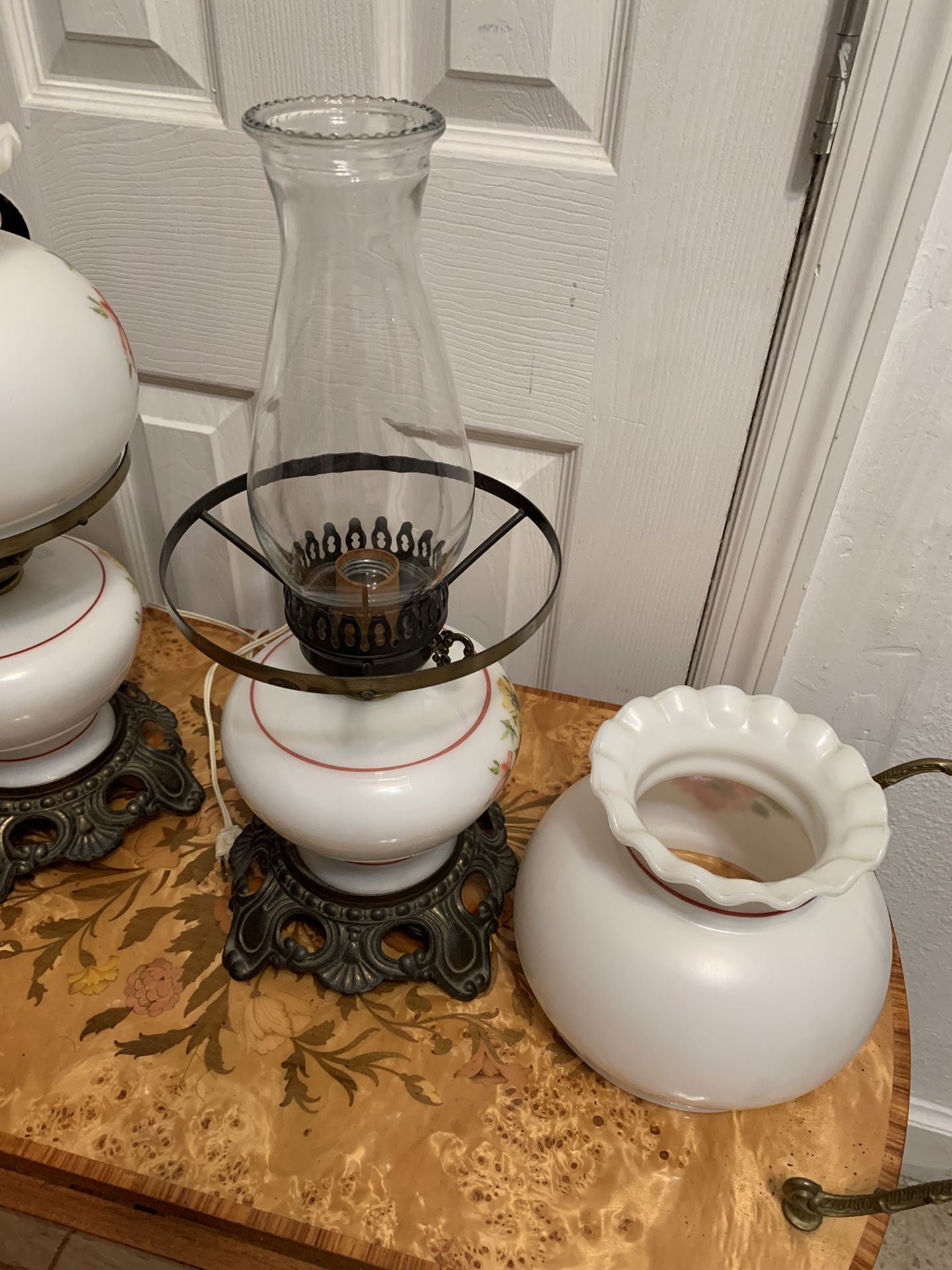Vintage Set Of 2 Hurricane Lamp Roses Design With 3 Way Electric Lighting
