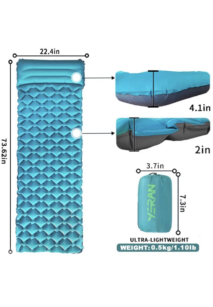 Camping Sleeping Pads with Pillow, Insulated Inflatable Camping Mat Portable Compact Air Sleeping Mattress Durable Ultralight Sleeping Pad with Carry 