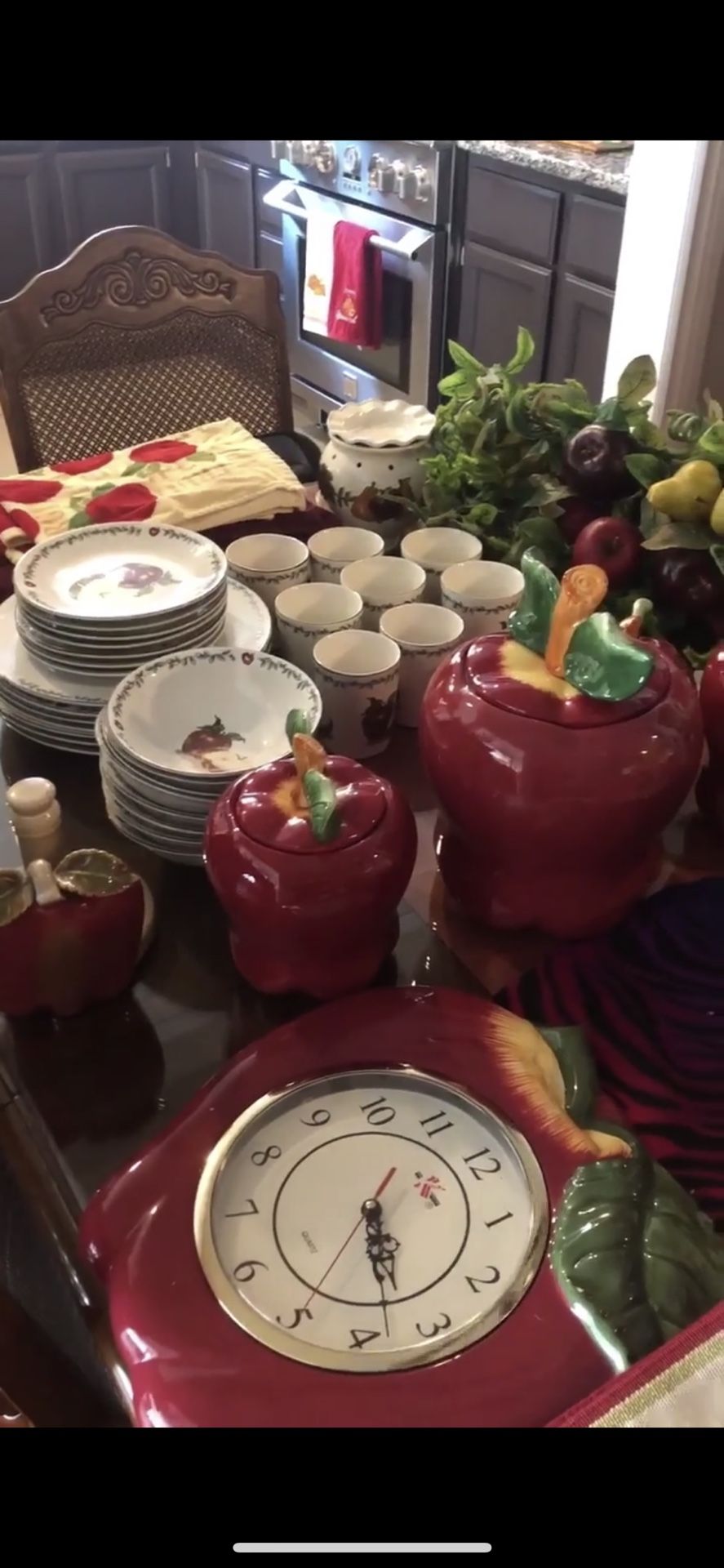 Set of 8 bowls dinner plates salad plates, cups . Table cloth kitchen drapes