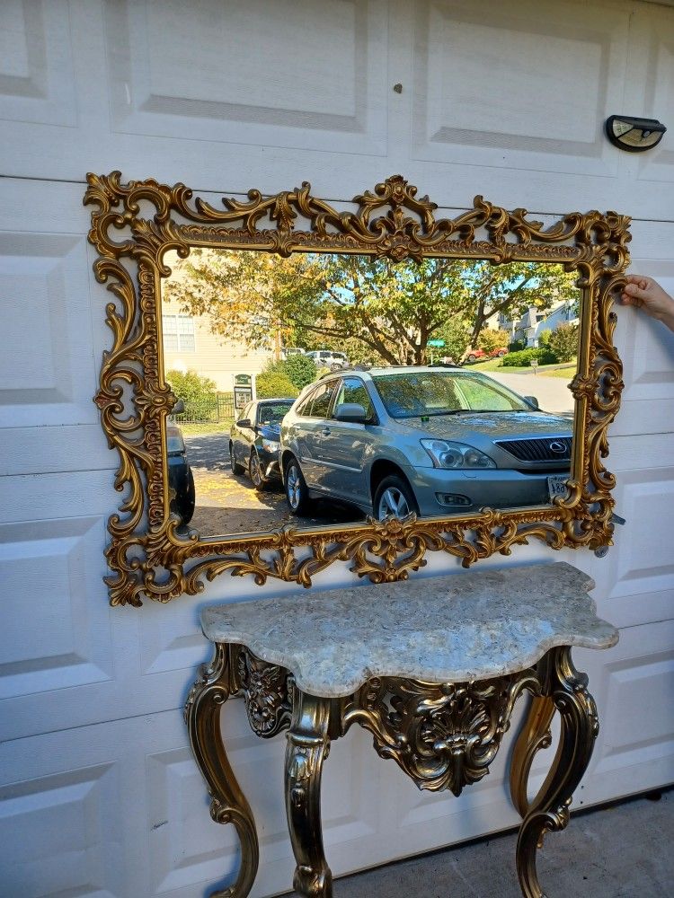 Antique Marble Top Console Table And Gold Mirror